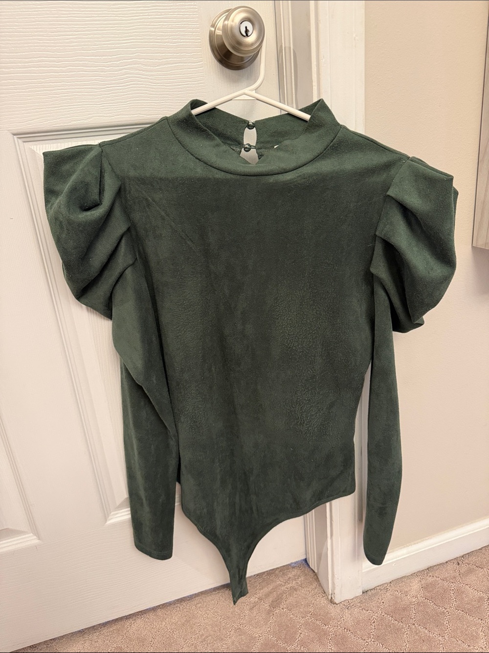 TCEC Dark Green Puff Sleeve Mock Neck Bodysuit